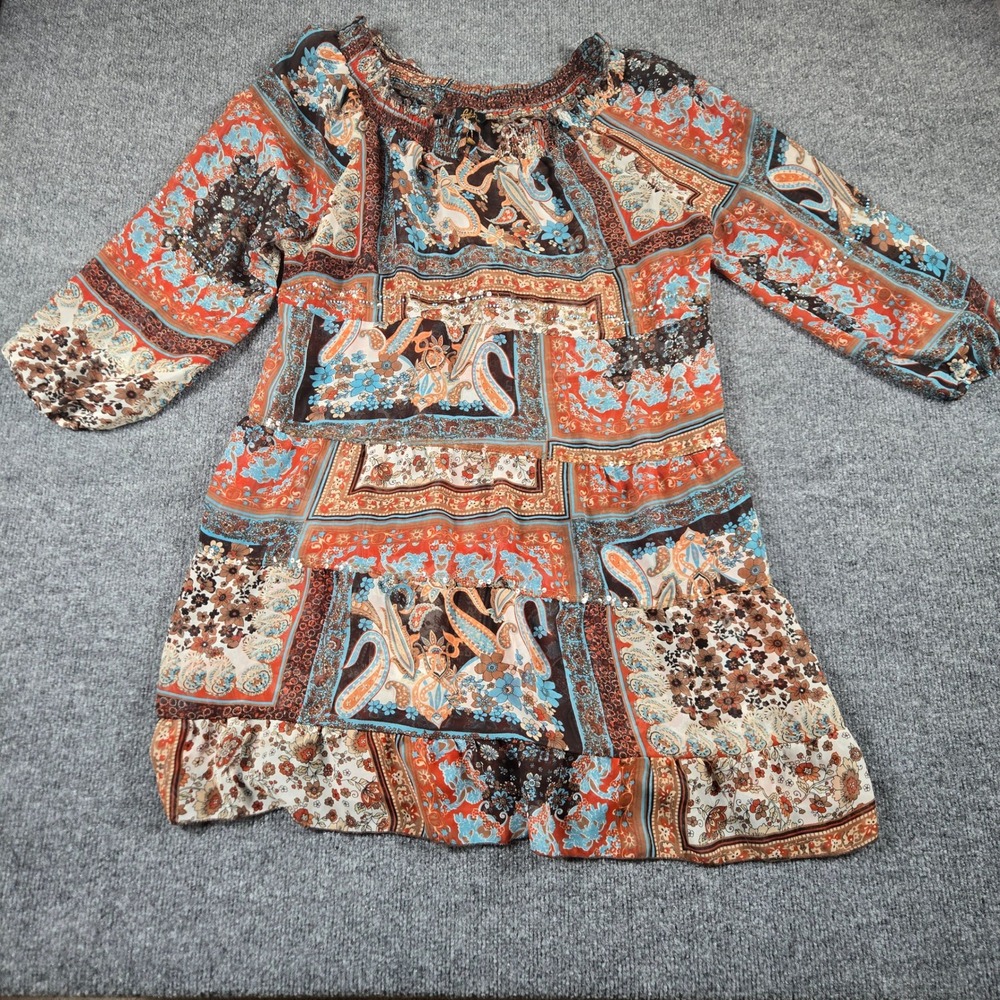 Faith Tiered Mini Dress Women XL Multi Paisley Floral Chiffon Good Boho Sequin
